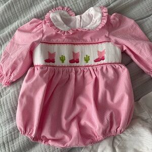 Stitchy Fish: Pink Gingham Smocked Romper with Boot Design